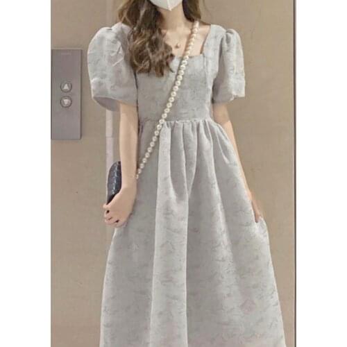 Summer Print Floral Vintage Dress Women High Waist Korean Kawaii Elegant Midi Dresses Puff Sleeve French Party Casual Dress 2021