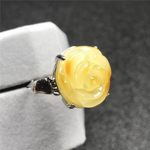 16x15mm Top Natural Yellow Amber Ring For Woman Lady Man Flower Carved Crystal Beads Silver Stone Adjustable Ring Jewelry AAAAA