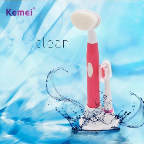Kemei Original Practical 2 in 1 Ultrasonic Electric Facial Cleaning Brush Teeth Brush Electric Face Portable Washing Beauty Tool
