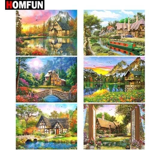 HOMFUN Diamond painting "Lake forest manor" Full Square/Round Drill Wall Decor Inlaid Resin Embroidery Craft Cross stitch