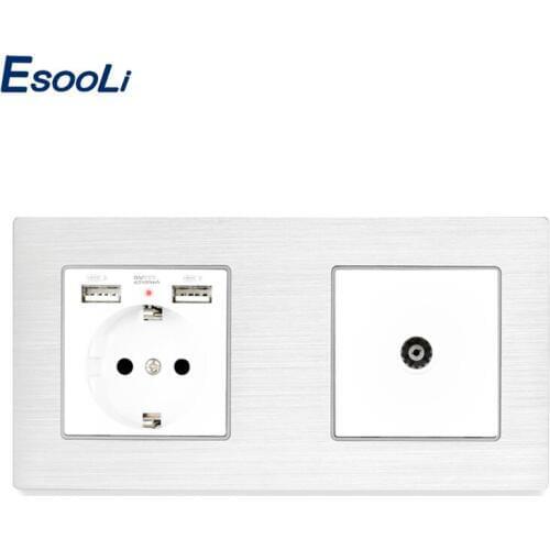 Esooli EU Standard Aluminum Metal Panel Socket with Dual USB Outlet + 1 Gang RJ45 Internet Jack Connector Computer Outlet