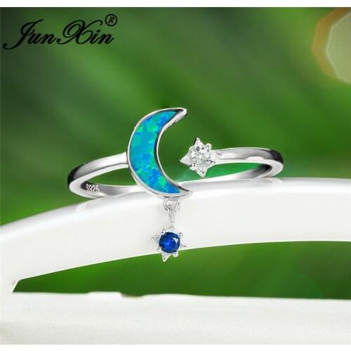 Cute Small Star Moon Ring White Gold Blue White Fire Opal Rings For Women Blue Stone Dangle Wedding Thin Ring Band Cz Jewelry