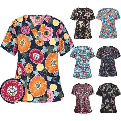 Summer Nurse Working Tops V-neck Casual Printed Short Sleeve Plus Size Working Uniform for Women Sexy Pocket uniforme clinico