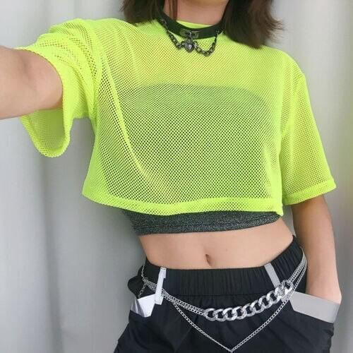 Summer Women Bright Green Fishnet Crop Tops Mesh See-through Tops Cropped Loose Short Sleeves T-Shirt Female Clubwear