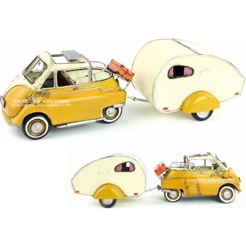 1:12 1957 Year Isetta 300W Egg Car With Trailer Yellow Diecast Car Handmade Metal Crafts For Boy Gift Car Model Toy Collection