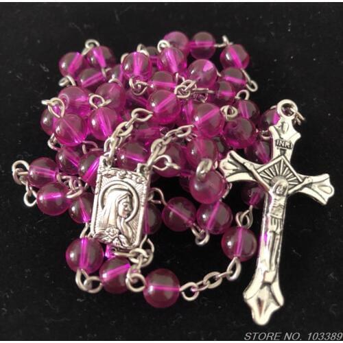 New arrival glass bead rosary religious necklace in purple, pink, blue, red, green bead with catholic figures as center