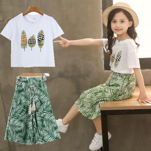 Summer New Girls Clothing Sets Toddler Girl Short Sleeve T-Shirt+Pants 2 Pcs Kids Outwear Leaf Children Casual Clothes Suits