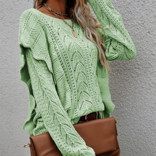 Autumn knitted vintage white pullovers Womens Sweaters wither Fashionable Hollow Knitwear with ruffles sweater women Solid