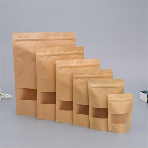 50pcs 9x14 10x15 15x22 18x26cm Kraft Paper Matte Window Zipper Bag Brown Reusable Self-sealing Candy Bread Cookie Gift Bag