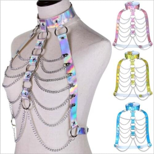 Iridescent PUNK PU Leather Chain TOp Harness Top Carnival Top