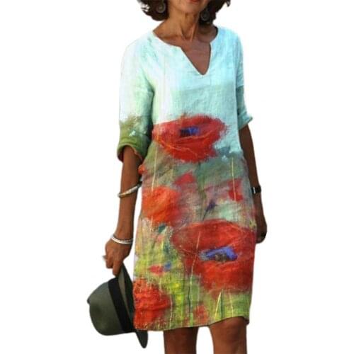 Summer Dress V-neck Loose Printing Vintage Casual Five-point Sleeve Dress for Travel Women Clothing White xxxl платье летнее