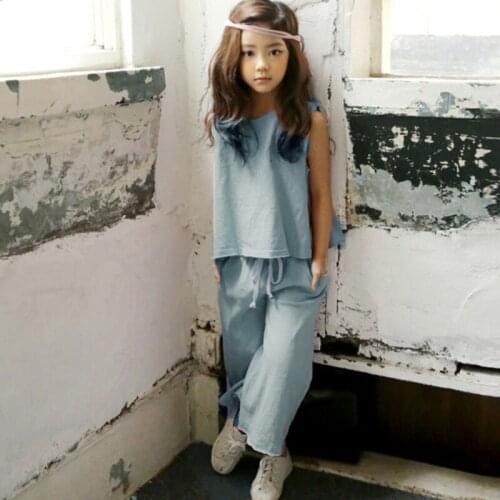 Girls Preppy Style Summer Clothes Set Teens Kids Clothing Sleeveless Cotton T Shirt +pants 2pcs Girl Boutique Outfits CL574