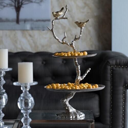 Powkhome Iron Branch Two-Tiered Tray Luxury Birds Stand On Branch Statue Home Pastry Dessert Fruit Plate Table Decora