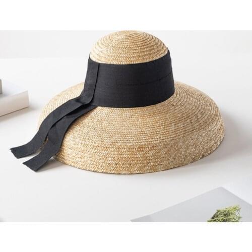 Elegant Women Straw Hat Bell Type 12CM Wide Brim Sun Hat Natural Wheat Straw Summer Beach hat Shade Ladies Hat With Black Belt