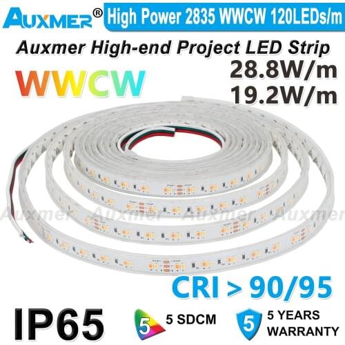 High Power 2835 WWCW LED Strip,IP65,120LEDs/m,CRI95/90,CCT Strips,Silicone waterproof,for kitchen bathroom balcony sun room