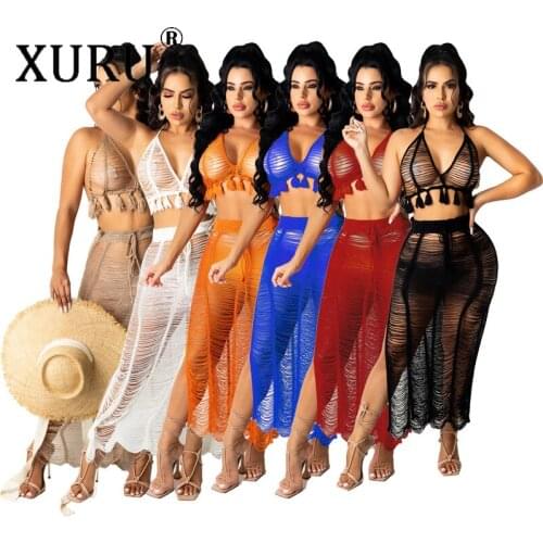 XURU Sexy Small Tassel Tube Top Dress Suit Knitted Beach Dress European and American Womens Sexy Dress Two-piece Suit