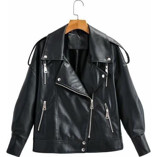 2021 PU Faux Leather Jacket Women Loose Oversized Casual Biker Jackets Outwear Female Tops BF Style Black Leather Jacket Coat