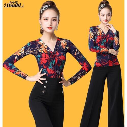 DOUBL Latin Dance Top Long Sleeve Female Adult National Standard Practice Dress Social Dance Stage Performance Dance Workout