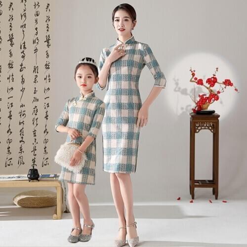 Women And Girl Suede Plaid cheongsam Dress Lovely Princess Girls Dresses Sexy Ladies Party Evening Dress New Year Clothing