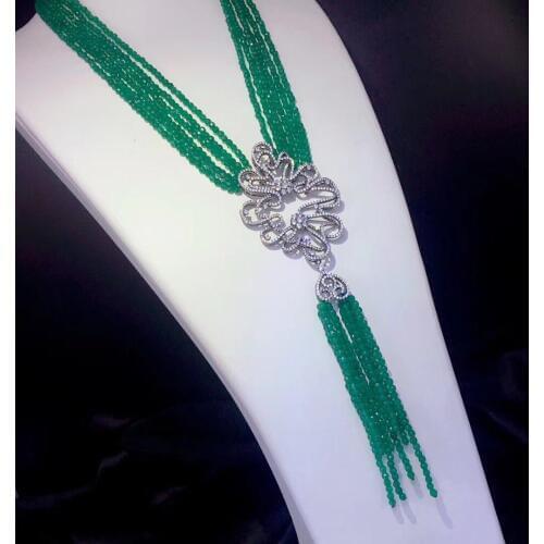 Green agate necklace 925 sterling silver with tassels pendant necklace fine women jewelry multi layers free shipping 18 inch