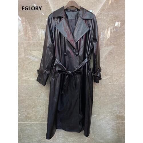 2020 Autumn Winter Hot Sale Long Coat Trench Women High Quality PU Leather Adjustable Belt Long Black Leather Coat Outwear Lady