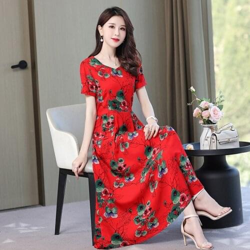 2021 O-Neck Floral Print Boho Beach Dress Women Dresses Summer Short Sleeve long Dress Sundress Robe