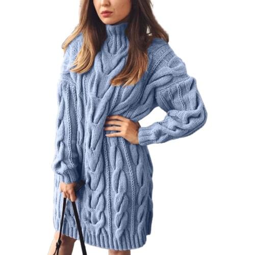 Plus Size Elegant Sweater Dress Women Autumn Winter Casual Long Sleeve Turtleneck Twist Knitted Sweater Mini Dress