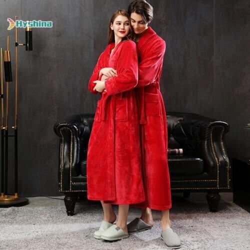 Winter Collar Pure Flannel Couples Nightgown Mens and Womens Bright Red Wedding Nightwear