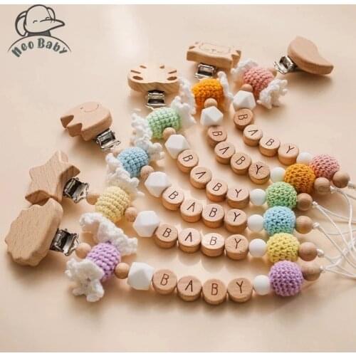 1pc Baby Pacifier Chain Personalize Name Pacifier Clip Wooden Dummy Chain Holder Crochet Candy Pacifier Baby Teething Toys Gift