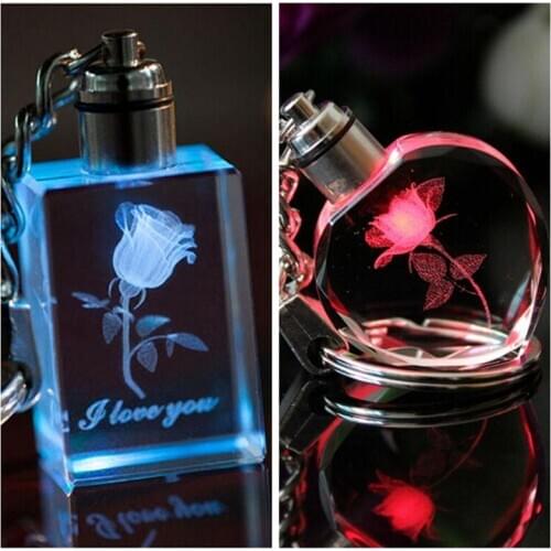 1PC LED Light Crystal Keychain Square Fairy Heart Rose Flower Charm Square Luminous Key Ring Mystic Luminous Party Gift Decor