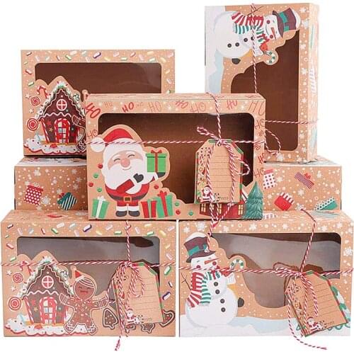 12Pcs/lot Christmas Kraft Paper Candy Box Favor Gift Box PVC Clear Window Cookies Treats New Year Wedding Party Decoration