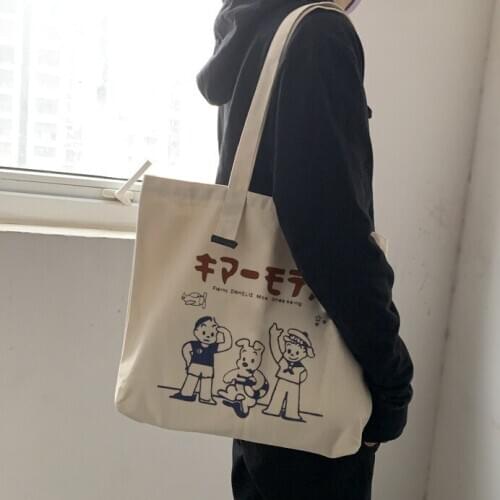 2020 Women Canvas Shoulder Bag Japannese Cartoon Large Capacity Cotton Cloth Shopping Bags Student Ins Eco Thick Handbags Tote