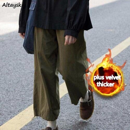 Cargo Pants Women Plus Velvet Thicker Leisure Ins Teens Student Chic Pure Elastic Waist Ankle-Length Mujer Female Trousers Loose