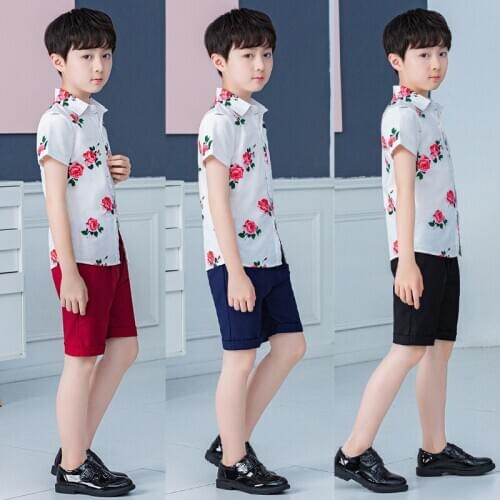Children Kindergarten Summer Clothing Set Boys Casual Beach Flower Shirt Shorts 2pcs Outfit Kids Performance Costume 2-12t