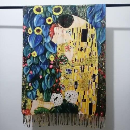 Gustav Klimt Oil Painting Cashmere Scarf Women Designer Lover Kiss Print Pashmina Shawls Wraps Christmas/Wedding Boyfriend Gifts