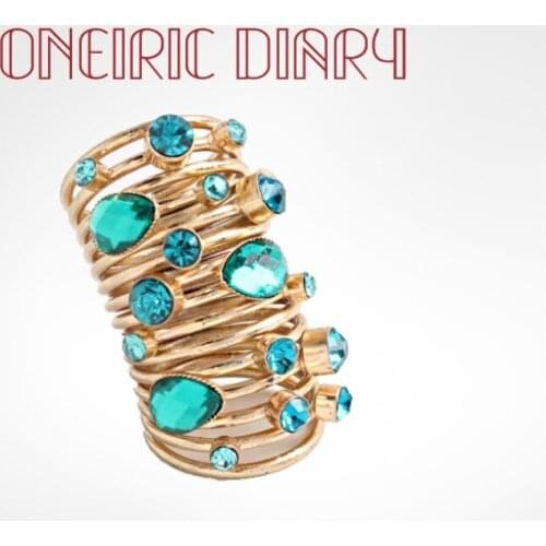 ONEIRIC DIARY Exaggerated Spring Curved Ethn Ring Male and Female Blue Water Drop Flash Drill Joint Decoration Rings