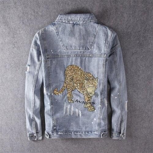 High Quality Mens Casual Loose Tiger Pattern Embroidered Blue Denim Jacket Fashion Trend Street Style Denim Jacket Coat XL