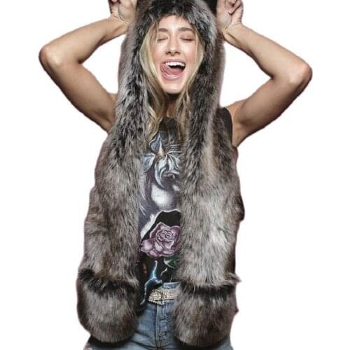Fashion Winter Imitation Fur Hat Man and Women Plush Cartoon Animal Hat Scarf Gloves One Piece