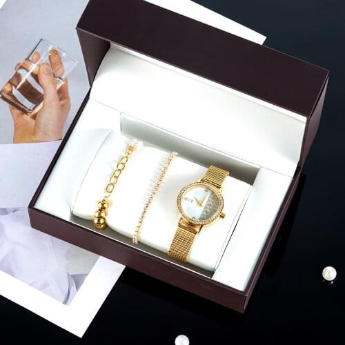 Fashion Womens Watch Bracelets Set Simple Mesh Strap Quartz Watch Titanium Steel Diamond Bracelet With Gift Box For Ladiess