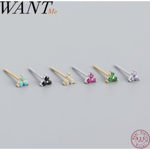 WANTME Real 925 Sterling Silver Korean Romantic Three-leaf Flower Color Zircon Stud Earrings for Women Charms Party Jewelry Gift