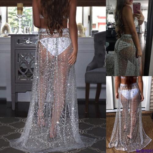 Summer Sexy Beachwear Rhinestone Long Sequin Skirt Loose Side Split Mesh See Through Gold Maxi Glitter Skirt Sparkle Female
