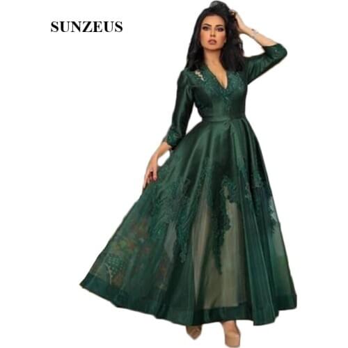 Green Formal Evening Dresses Gowns 2021 V Neck A-Line Ankle-Length 3/4 Sleeve Prom Dresses Appliques abendkleider 2021