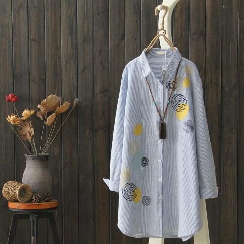 Cotton Linen Long Women Shirts Turn-Down Colalr Striped Embroidery Loose Casual All Match Female Outwear Tops