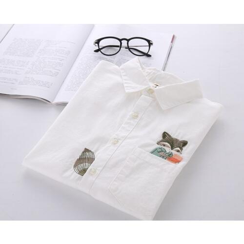 Women Autumn Shirt Turn-Down Collar Ladies Blouses Long Sleeve White Shirt Female Office Tops Pocket With Fox Embroidery Cotton