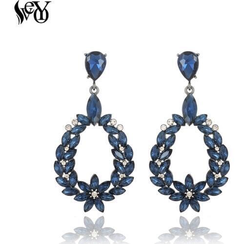 VEYO Blue Round Crystal Drop Earrings for Women Flower Romantic Earings Fashion Jewelry Pendientes
