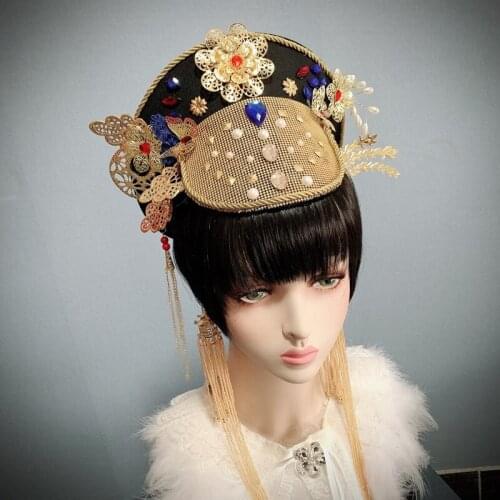 Women Cosplay Flower Crystal Rhinestone Headwear Hat Elegant Chinese National Ancient Costume Wedding Head Wear Hair Accessories