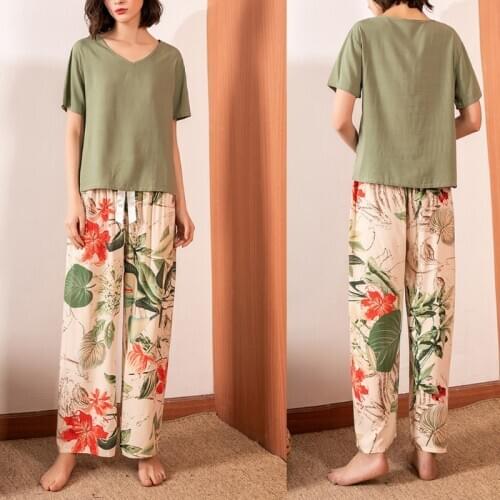 Women Contrast Color 2Pcs Pajamas Set Short Sleeve Pullover Loose Tops Floral Print Bowknot Long Pants Lounge Sleepwear