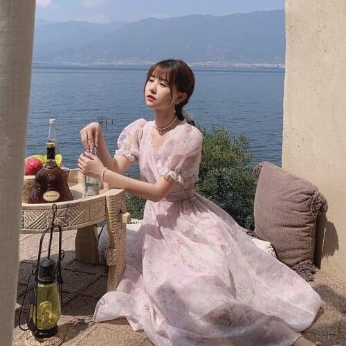 Bella Elegant Floral Dress Korean Lace Up Chiffon Princess Kawaii Dress French Casual Fit Chic Summer Beach Party Fairy Dress