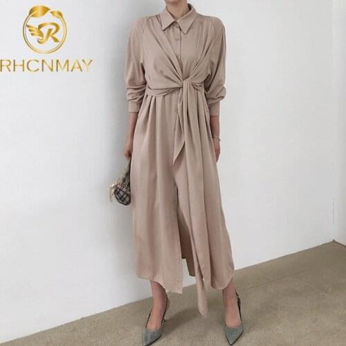 2021 New Spring Autumn Elegant Chic Lapel Shirt Dress Women OL Office Dress Solid Long Sleeve Maxi Dresses Femme Vestidos