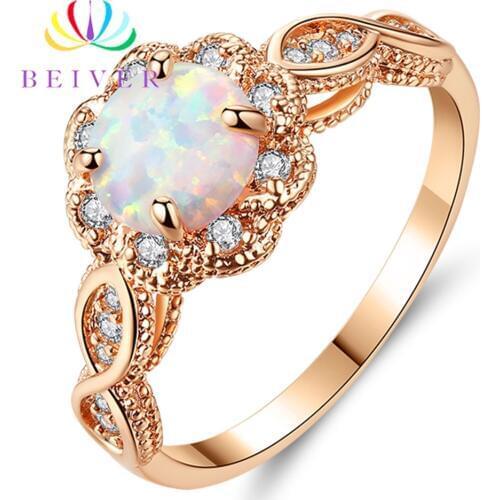 Beiver Fashion Rose Gold Color Fire Opal Rings for Women Wedding Bands Promise Ring Party Jewelry